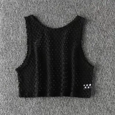 Women Fashion Solid Color Mesh Hollow-Out Perspective Round Neck Sleeveless Crop Top