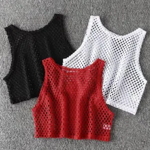 Women Fashion Solid Color Mesh Hollow-Out Perspective Round Neck Sleeveless Crop Top