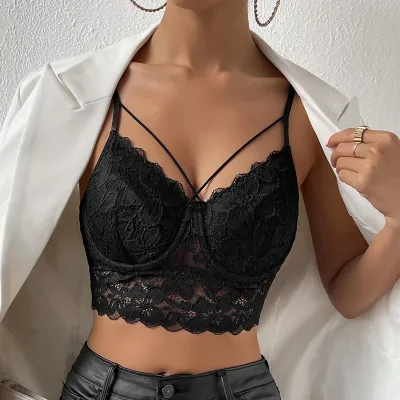 Women Sexy Solid Color Lace Backless Crop Top