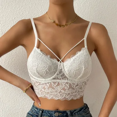 Women Sexy Solid Color Lace Backless Crop Top