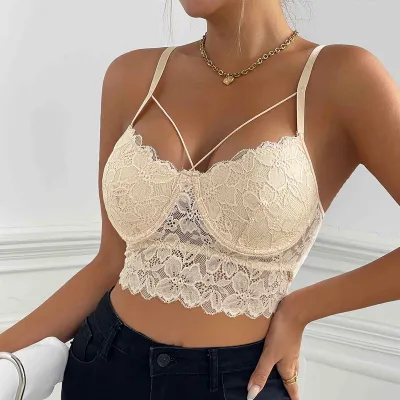 Women Sexy Solid Color Lace Backless Crop Top