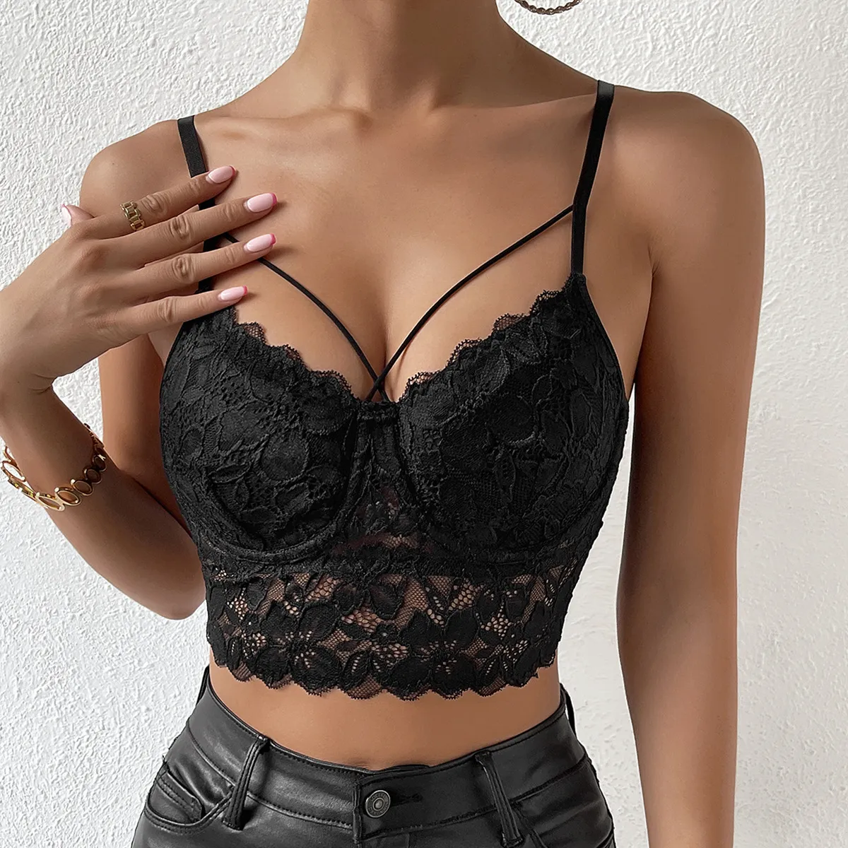 Women Sexy Solid Color Lace Backless Crop Top