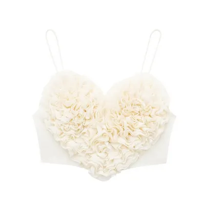 Women Sexy Solid Color Heart Puffy Spaghetti Strap Crop Top