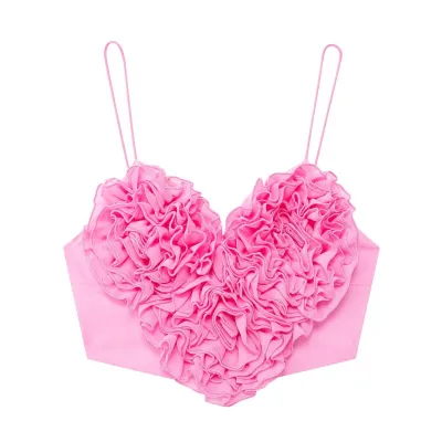 Women Sexy Solid Color Heart Puffy Spaghetti Strap Crop Top