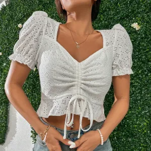 Women Elegant Hollow-Out V-Neck Short-Sleeve Drawstring Crop Top