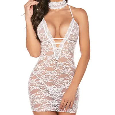 Women Fashion Solid Color Lace Perspective One-Piece Sexy Lingerie