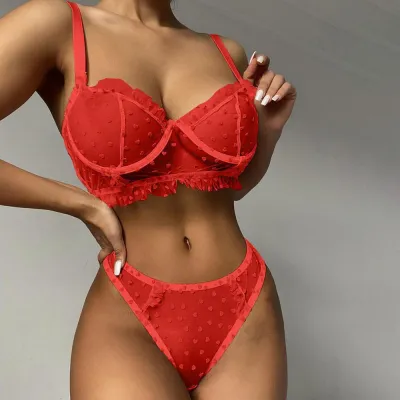 Women Fashion Solid Color Ultra-Thin Transparent Love Printed Sexy Lingerie Set