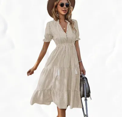 Women Casual Commuter Wind Stripe V-Neck Lantern Sleeve Elastic Waist Midi Dress