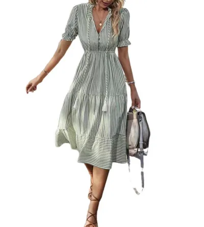 Women Casual Commuter Wind Stripe V-Neck Lantern Sleeve Elastic Waist Midi Dress