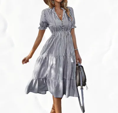 Women Casual Commuter Wind Stripe V-Neck Lantern Sleeve Elastic Waist Midi Dress