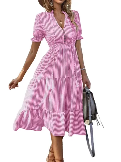 Women Casual Commuter Wind Stripe V-Neck Lantern Sleeve Elastic Waist Midi Dress