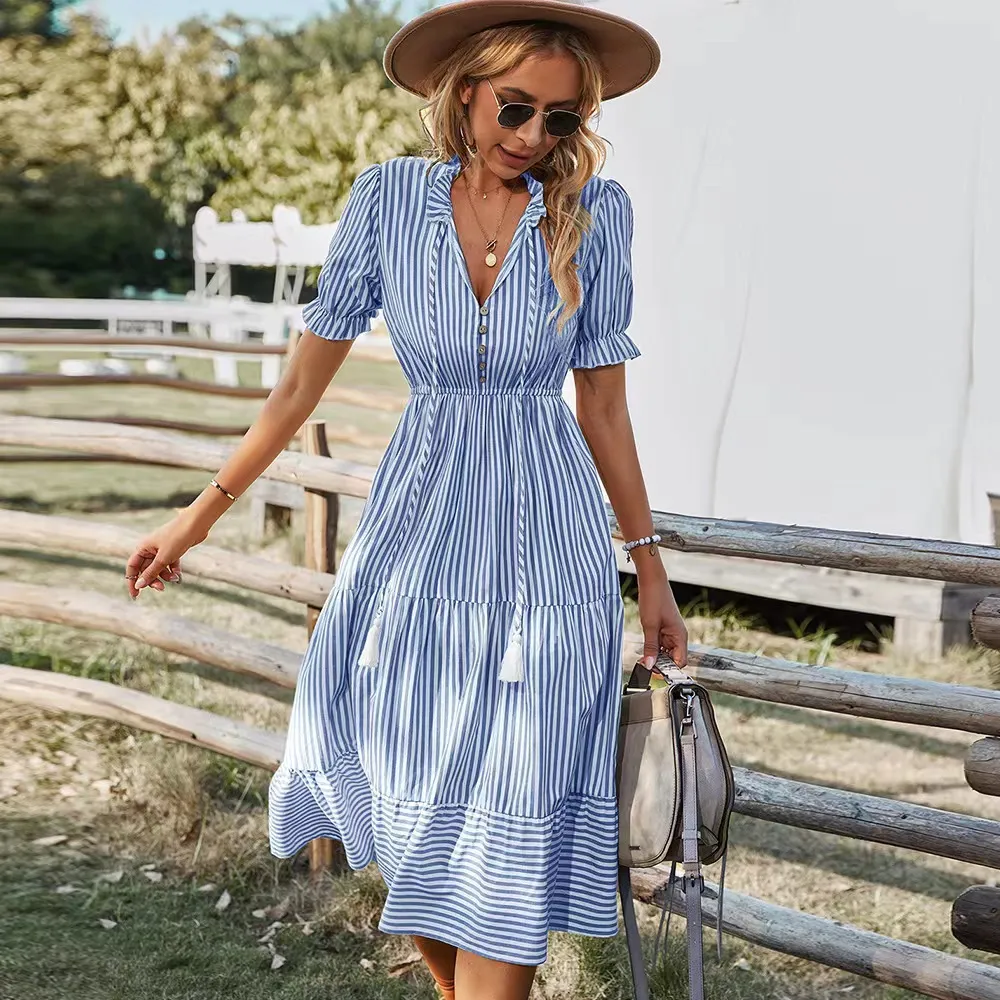 Women Casual Commuter Wind Stripe V-Neck Lantern Sleeve Elastic Waist Midi Dress