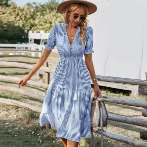 Women Casual Commuter Wind Stripe V-Neck Lantern Sleeve Elastic Waist Midi Dress