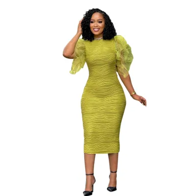 Women Elegant Solid Color Pleated Stitching Lotus Leaf Sleeves Slim Fit Midi Dress