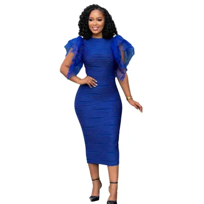 Women Elegant Solid Color Pleated Stitching Lotus Leaf Sleeves Slim Fit Midi Dress