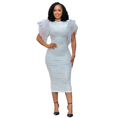 Women Elegant Solid Color Pleated Stitching Lotus Leaf Sleeves Slim Fit Midi Dress