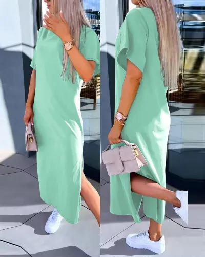 Women Casual Solid Color Round Neck Short Sleeve Midi Split Dress