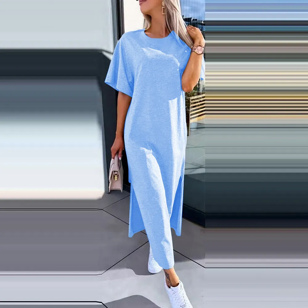 Women Casual Solid Color Round Neck Short Sleeve Midi Split Dress