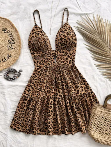 Women Fashion Sexy Leopard Sleeveless Backless One-Piece Swimsuit