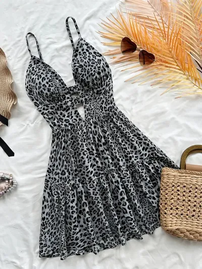 Women Fashion Sexy Leopard Sleeveless Backless One-Piece Swimsuit