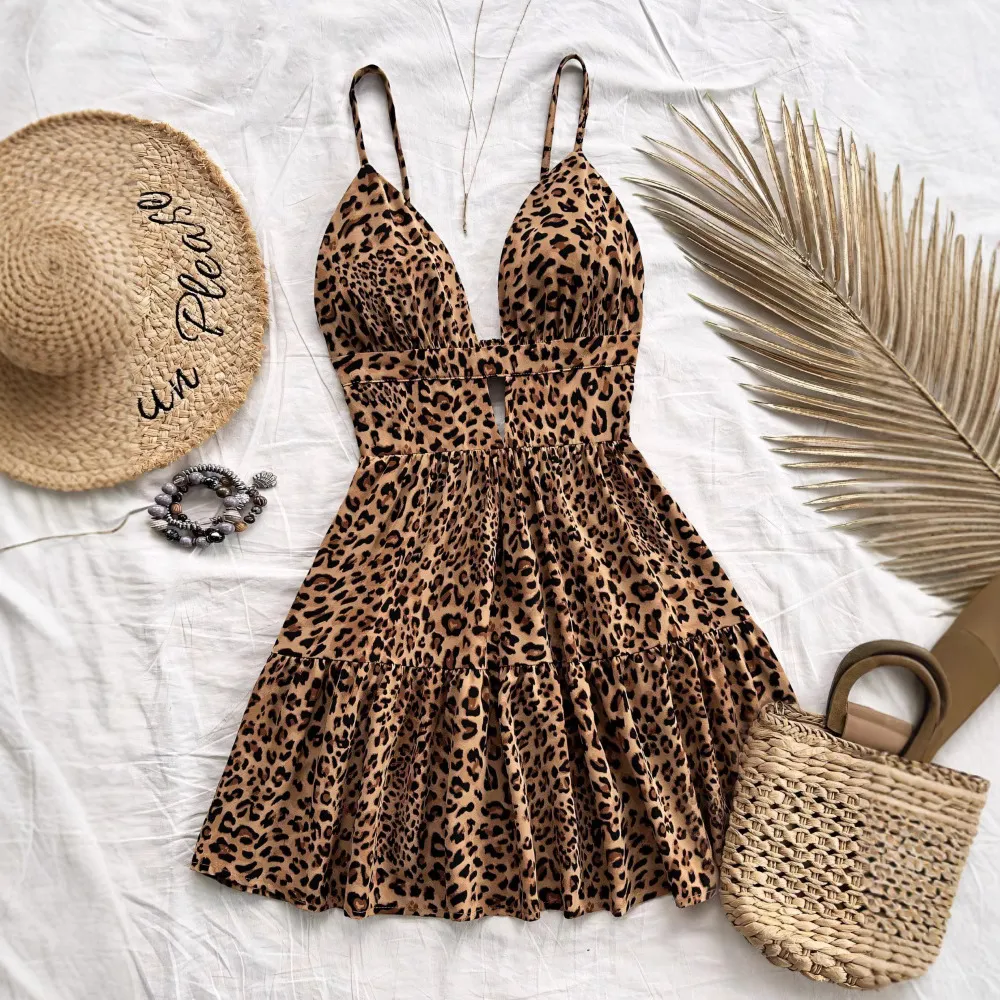Women Fashion Sexy Leopard Sleeveless Backless One-Piece Swimsuit