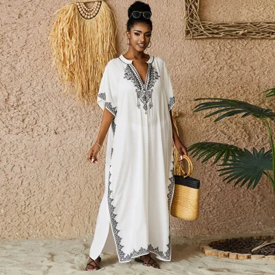 Women Casual Boho Embroidered V-Neck Short-Sleeve Sunscreen Swimsuit Cover-Up