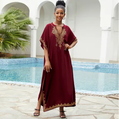 Women Casual Boho Embroidered V-Neck Short-Sleeve Sunscreen Swimsuit Cover-Up