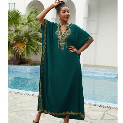 Women Casual Boho Embroidered V-Neck Short-Sleeve Sunscreen Swimsuit Cover-Up