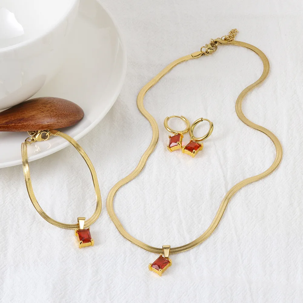 Women Fashion Elegant Titanium Steel Square Zircon Necklace Bracelet Earrings Set