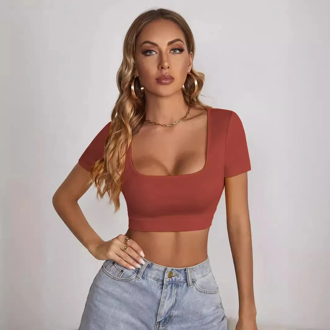 Women Fashion Sexy Solid Color Square Neck Short-Sleeve Slim-Fit Crop Top
