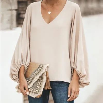 Women Casual Solid Color V-Neck Long Lantern Sleeve Blouse