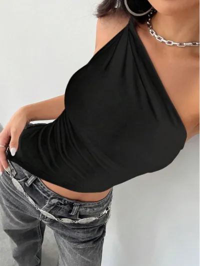 Women Fashion Sexy Solid Color Irregular Slanted Shoulder Crop Top