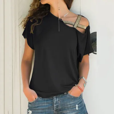 Women Casual Cross Strap Irregular Solid Color Short-Sleeve T-Shirt