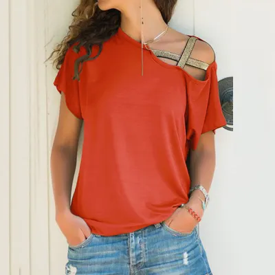 Women Casual Cross Strap Irregular Solid Color Short-Sleeve T-Shirt