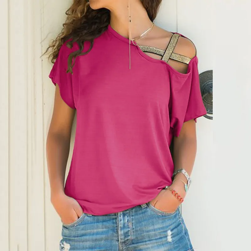 Women Casual Cross Strap Irregular Solid Color Short-Sleeve T-Shirt