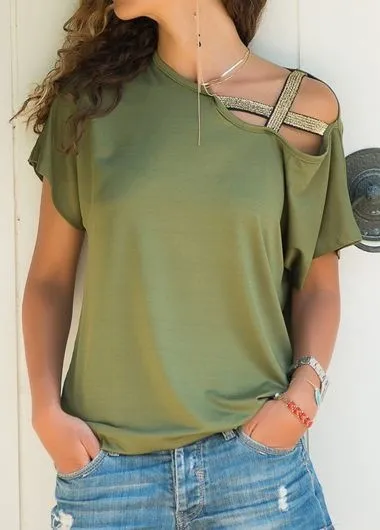 Women Casual Cross Strap Irregular Solid Color Short-Sleeve T-Shirt