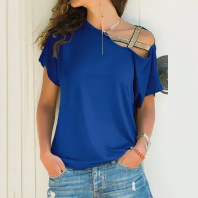 Women Casual Cross Strap Irregular Solid Color Short-Sleeve T-Shirt