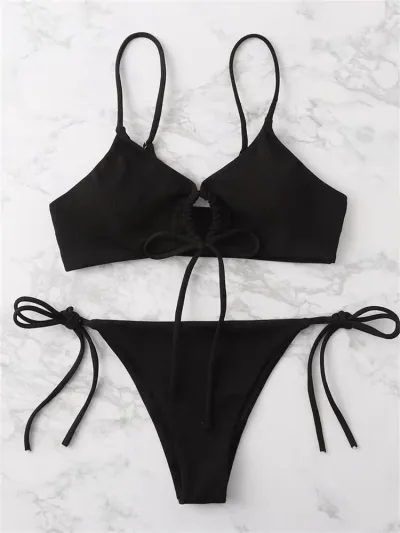 Women Sexy Solid Color Lace-Up Bikini Swimsuit