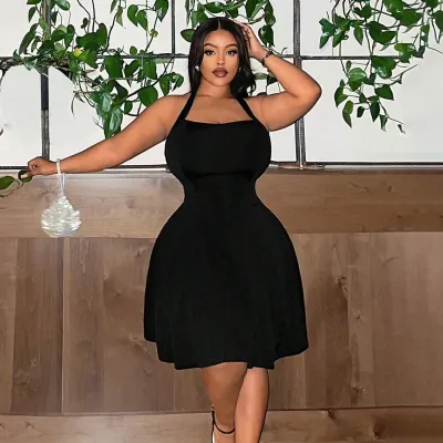 Women Fashion Sexy Plus Size Halter-Neck Sleeveless Tight Waist Dress