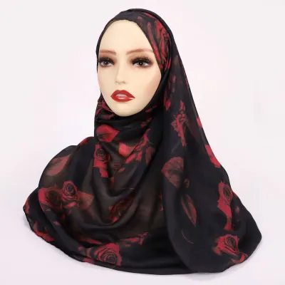 Women Fashion Printed Satin Polyester Cotton Hijab Scarf