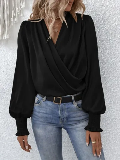 Women Fashion Elegant Solid Color V-Neck Long Puff Sleeve Loose Blouse