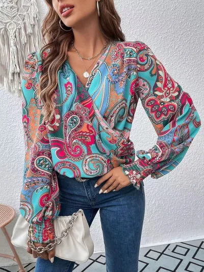 Women Fashion Elegant Solid Color V-Neck Long Puff Sleeve Loose Blouse