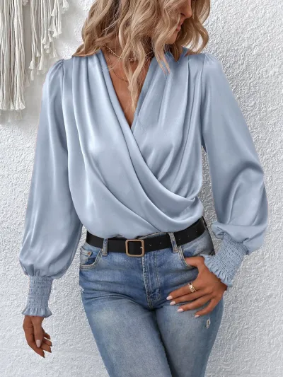 Women Fashion Elegant Solid Color V-Neck Long Puff Sleeve Loose Blouse