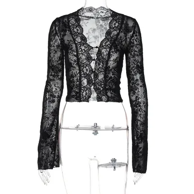 Women Fashion Sexy Leopard Printed Mesh Lace V-Neck Long-Sleeve Cardigan Blouse