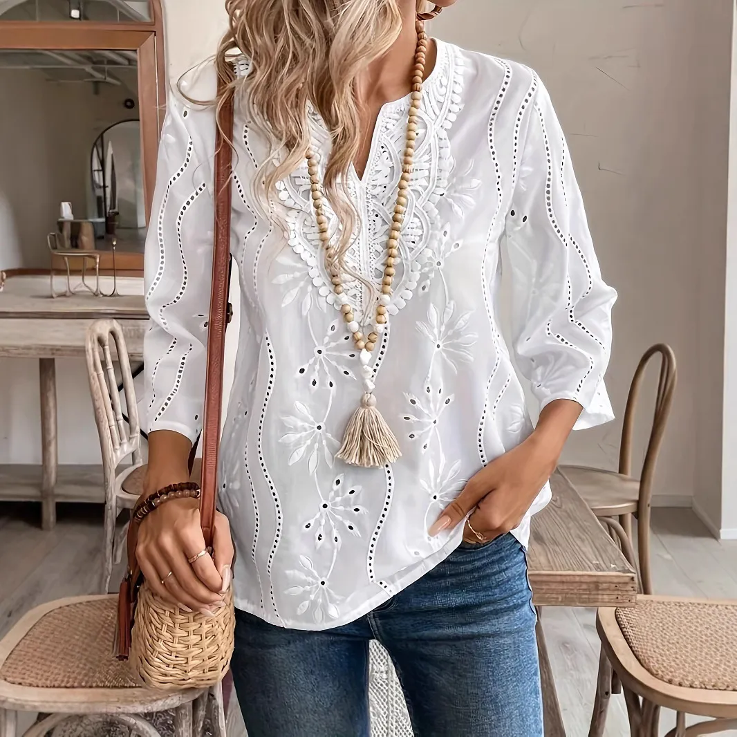 Women Casual Elegant Loose Chiffon Embroidered Hollow-Out V-Neck Horn Sleeve Blouse