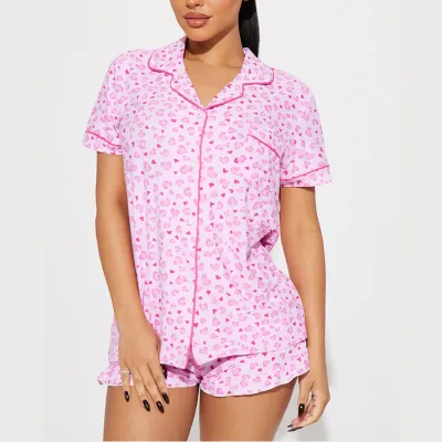 Women Casual Printed Lapel Short Sleeve Top Loose Shorts Pajamas Set
