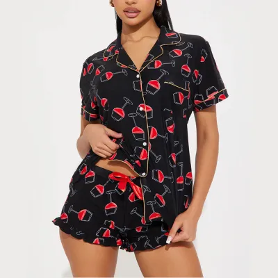 Women Casual Printed Lapel Short Sleeve Top Loose Shorts Pajamas Set