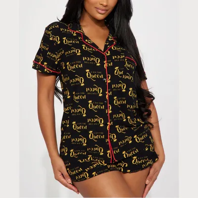 Women Casual Printed Lapel Short Sleeve Top Loose Shorts Pajamas Set