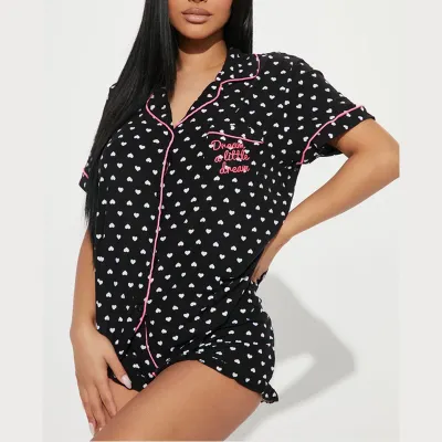 Women Casual Printed Lapel Short Sleeve Top Loose Shorts Pajamas Set