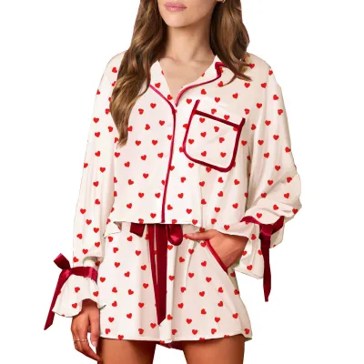 Women Casual Printed Loose Lapel Long-Sleeve Lace-Up Shorts Pajama Set
